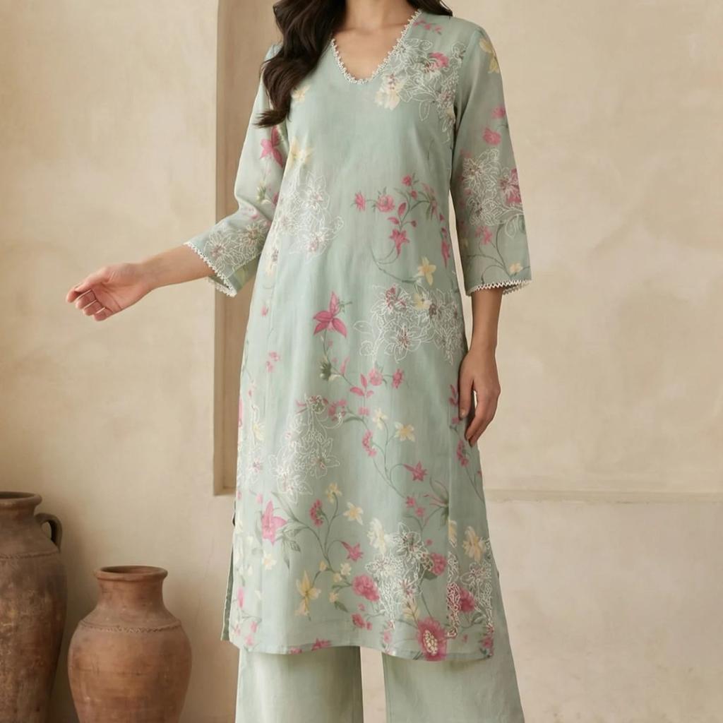 Sea Green Floral Printed Embroidered Chanderi Straight Kurta