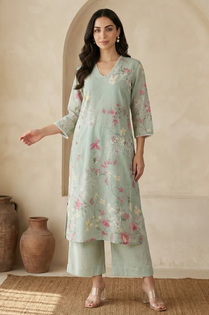 Sea Green Floral Printed Embroidered Chanderi Straight Kurta — XS