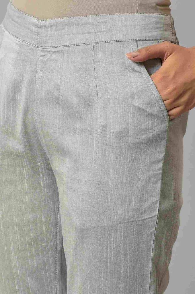 Grey Floral Embroidered Straight Fit Woven Pants With Elasticated Waist — photo 7