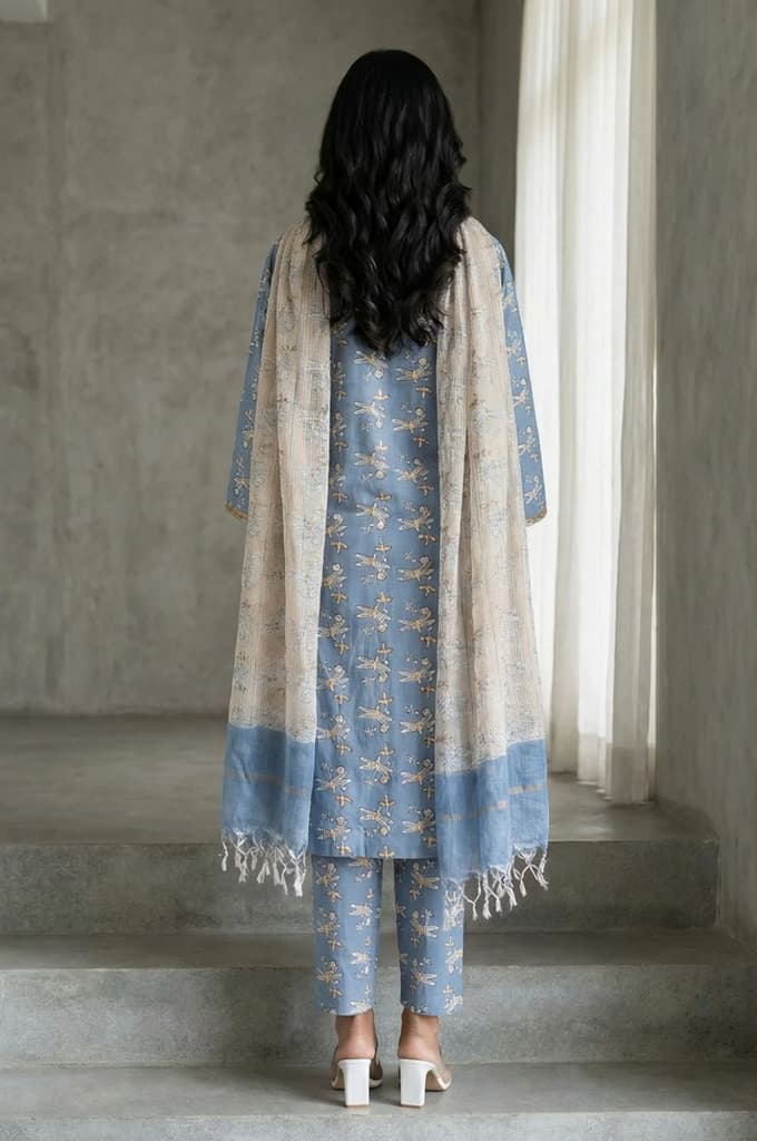 Blue Block Printed Pure Cotton Straight Kurta with Pants and Dupatta Set — photo 5