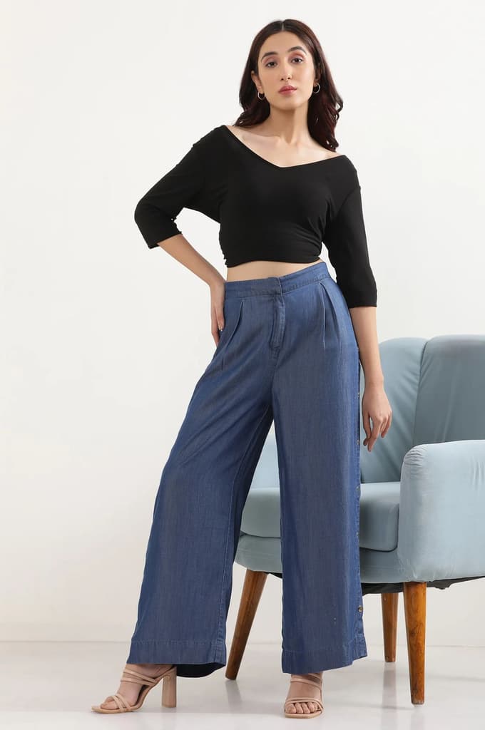 Blue Solid Wide Leg Denim Palazzo With Side Buttons