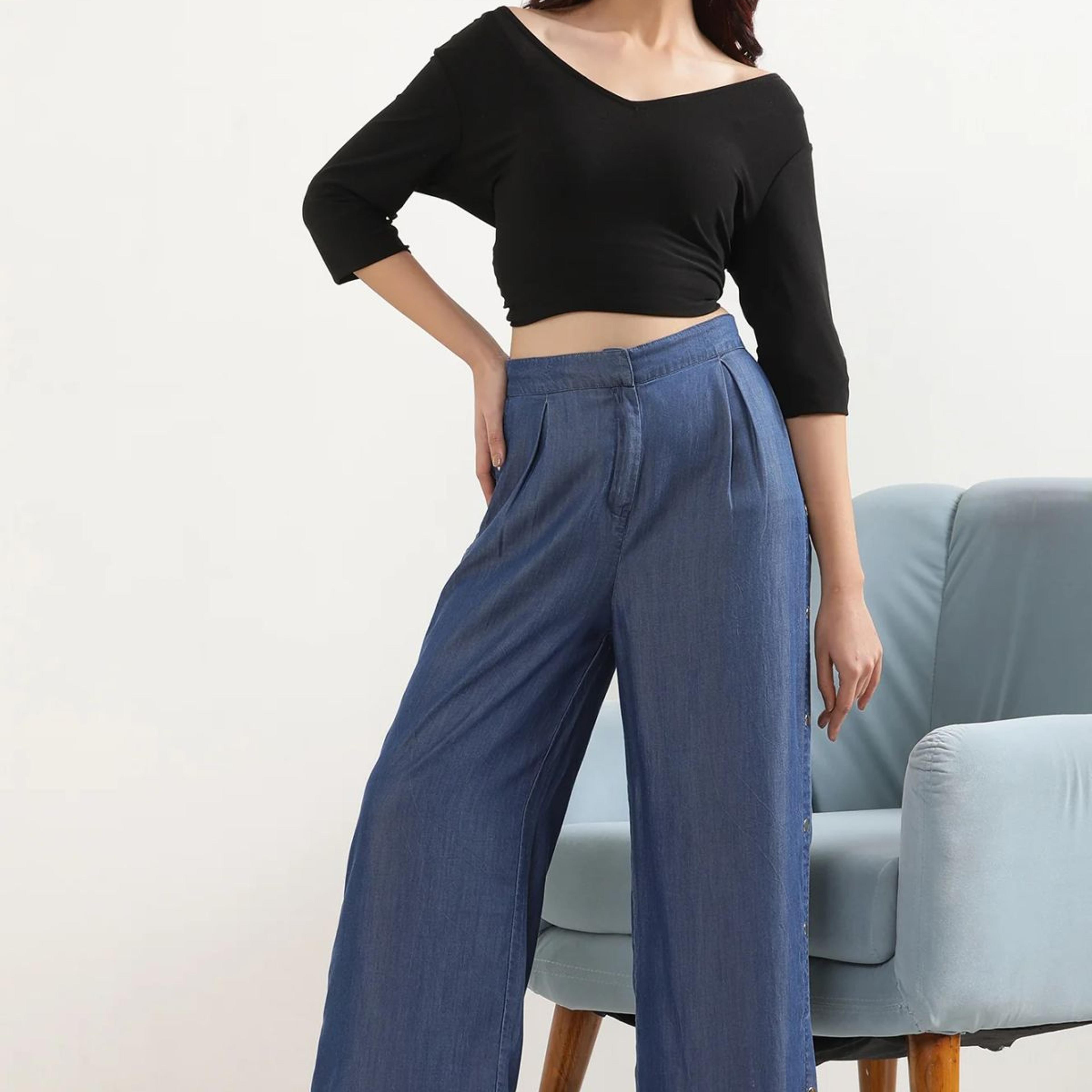 Blue Solid Wide Leg Denim Palazzo With Side Buttons