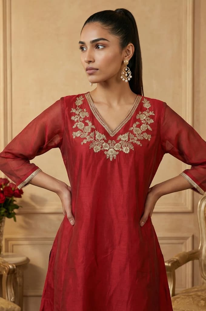 Maroon Yarn Dyed Zari Embroidered Straight Chanderi Kurta — photo 3