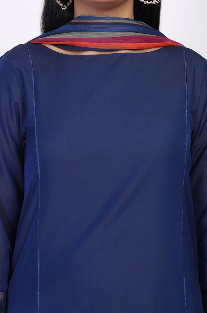 Navy Blue Solid Lace Trim Straight Kurta with Straight Pant and Dupatta Set — photo 3