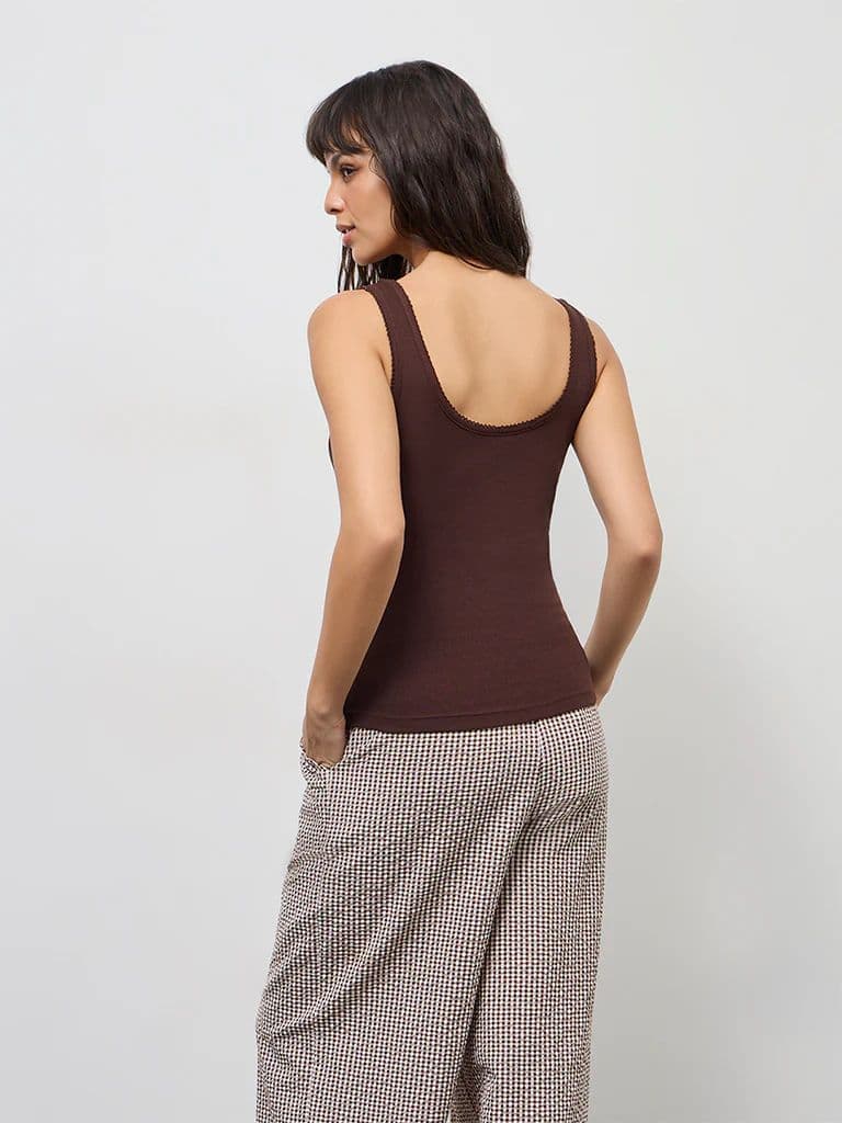 Wunderlove Dark Brown Ribbed-Textured Cotton Camisole — photo 4