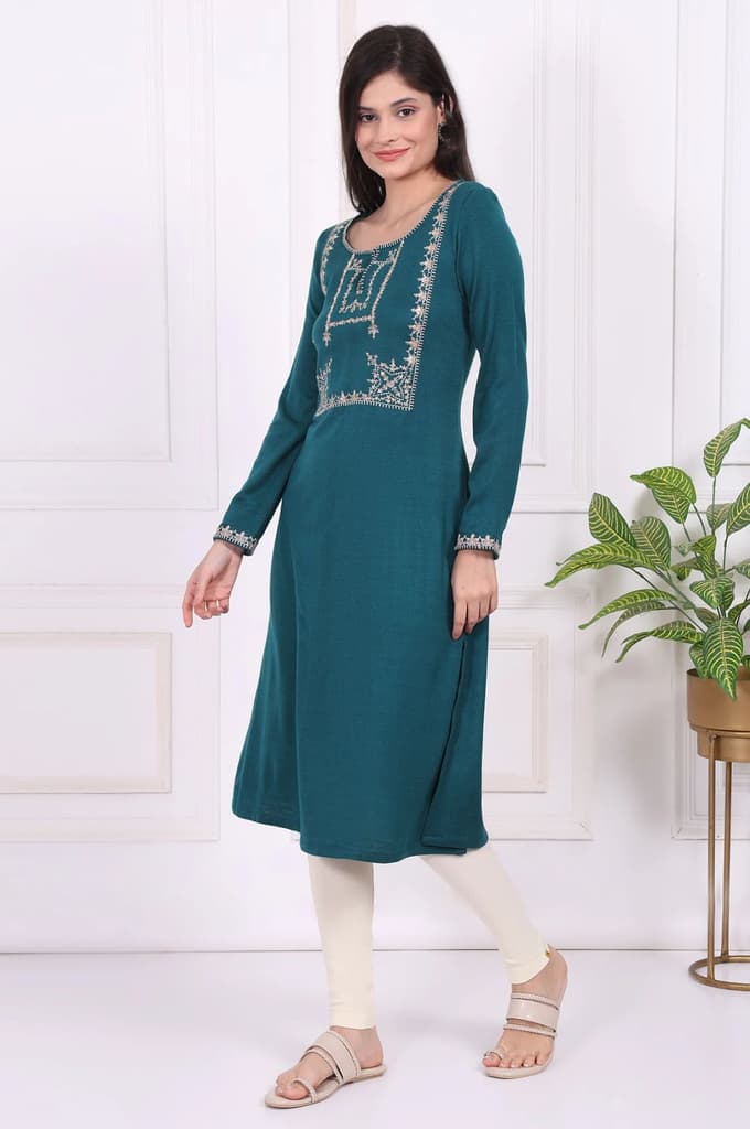 Teal Embroidered Acrylic Straight Kurta — photo 4