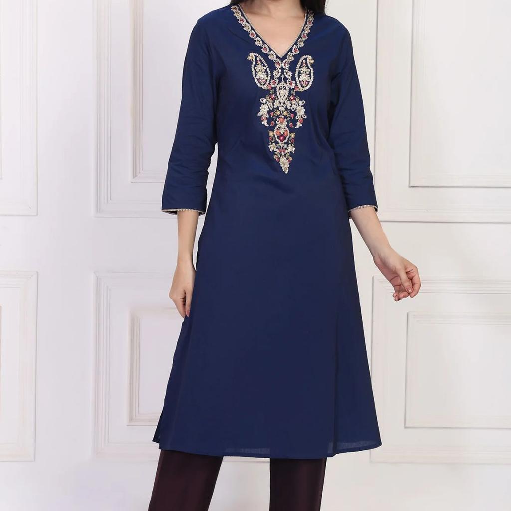 Navy Blue Embroidered A-Line Rayon Kurta
