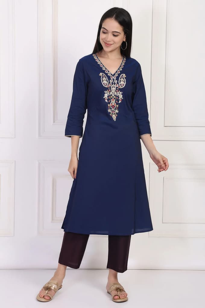 Navy Blue Embroidered A-Line Rayon Kurta — XS