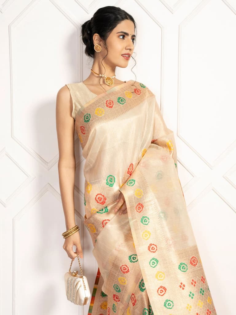 Mimosa Women's Woven Design Banarasi Style Art Silk Saree With Blouse Piece : SA00002082HWFREE — Halfwhite
