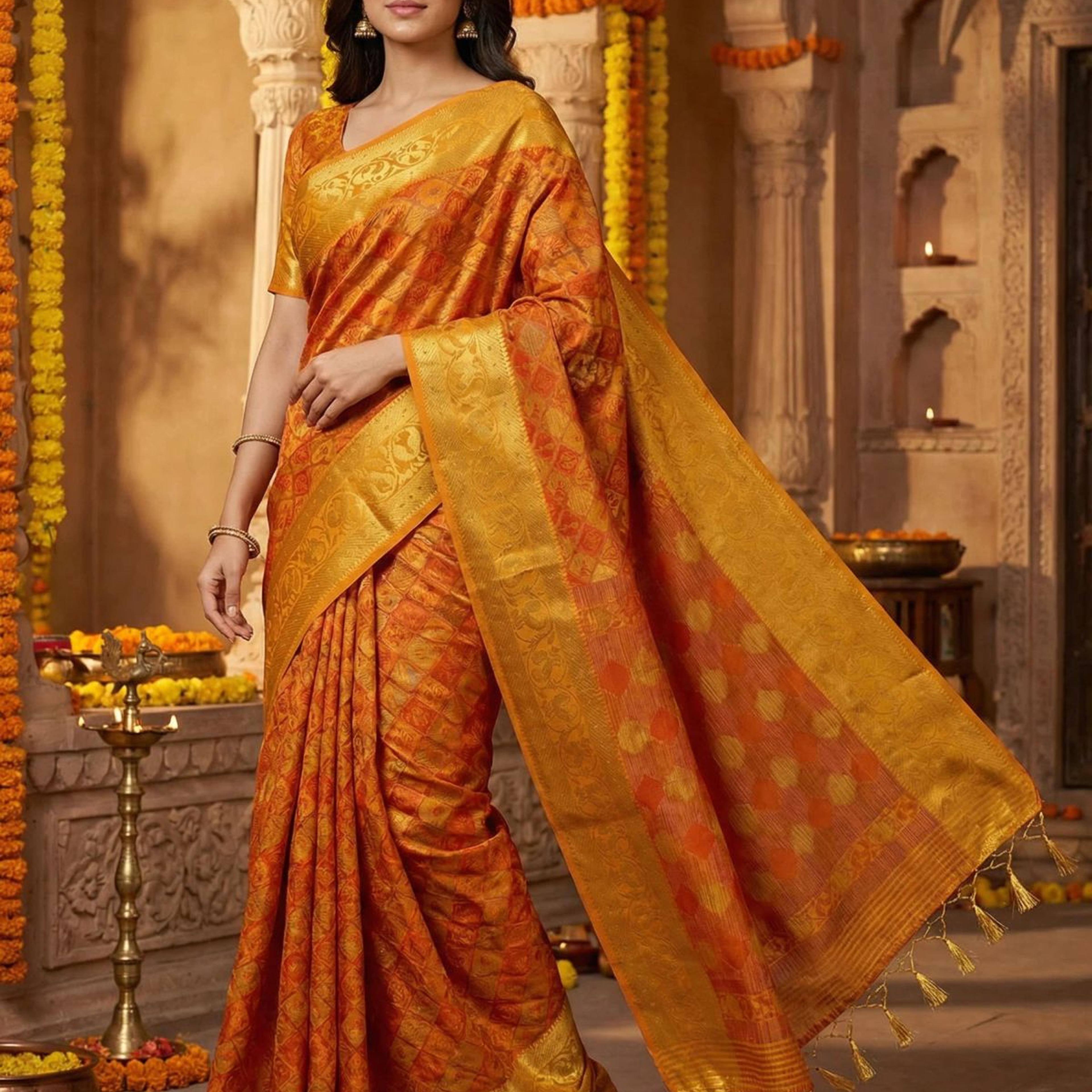 MIMOSA Women's Woven Design Patola Style Raw Silk Saree with Blouse Piece - Mustard ( SA00003140MSFREE )