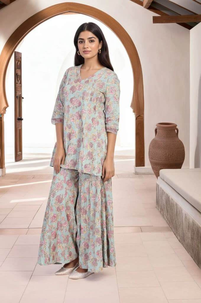 Light Green Floral Printed Lace Trim Peplum Rayon Kurta with Sharara and Dupatta Set — photo 6