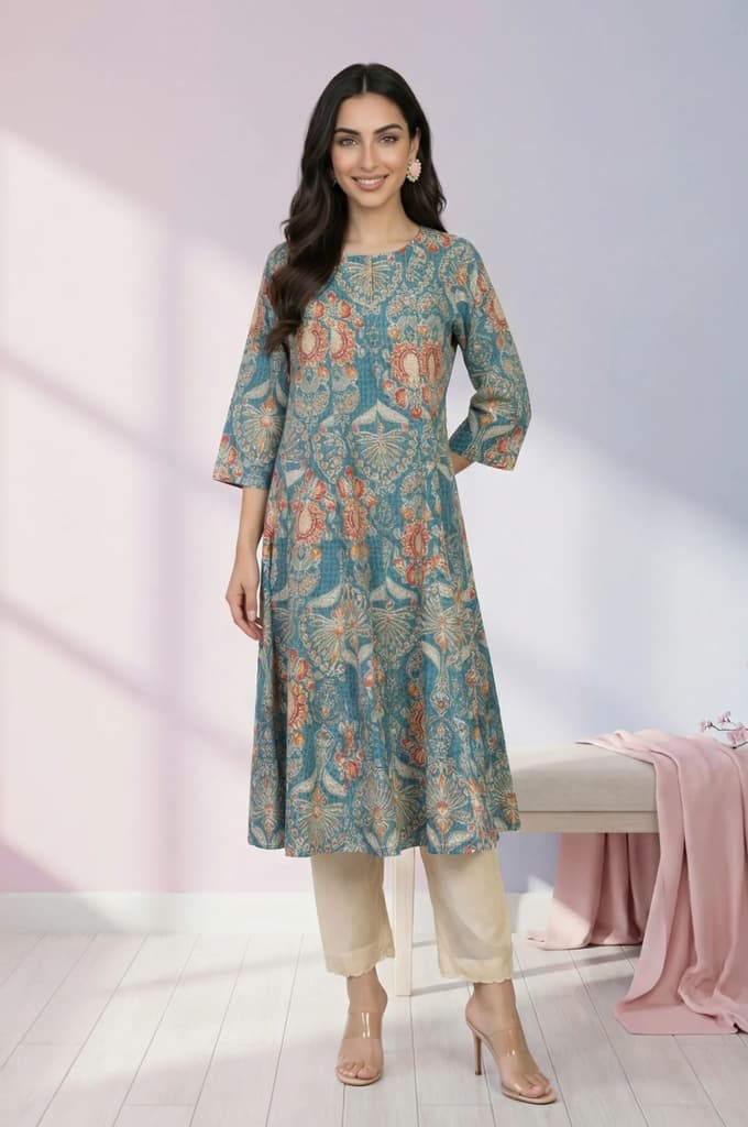 Teal Floral Printed Pure Cotton A-line Kurta — XS