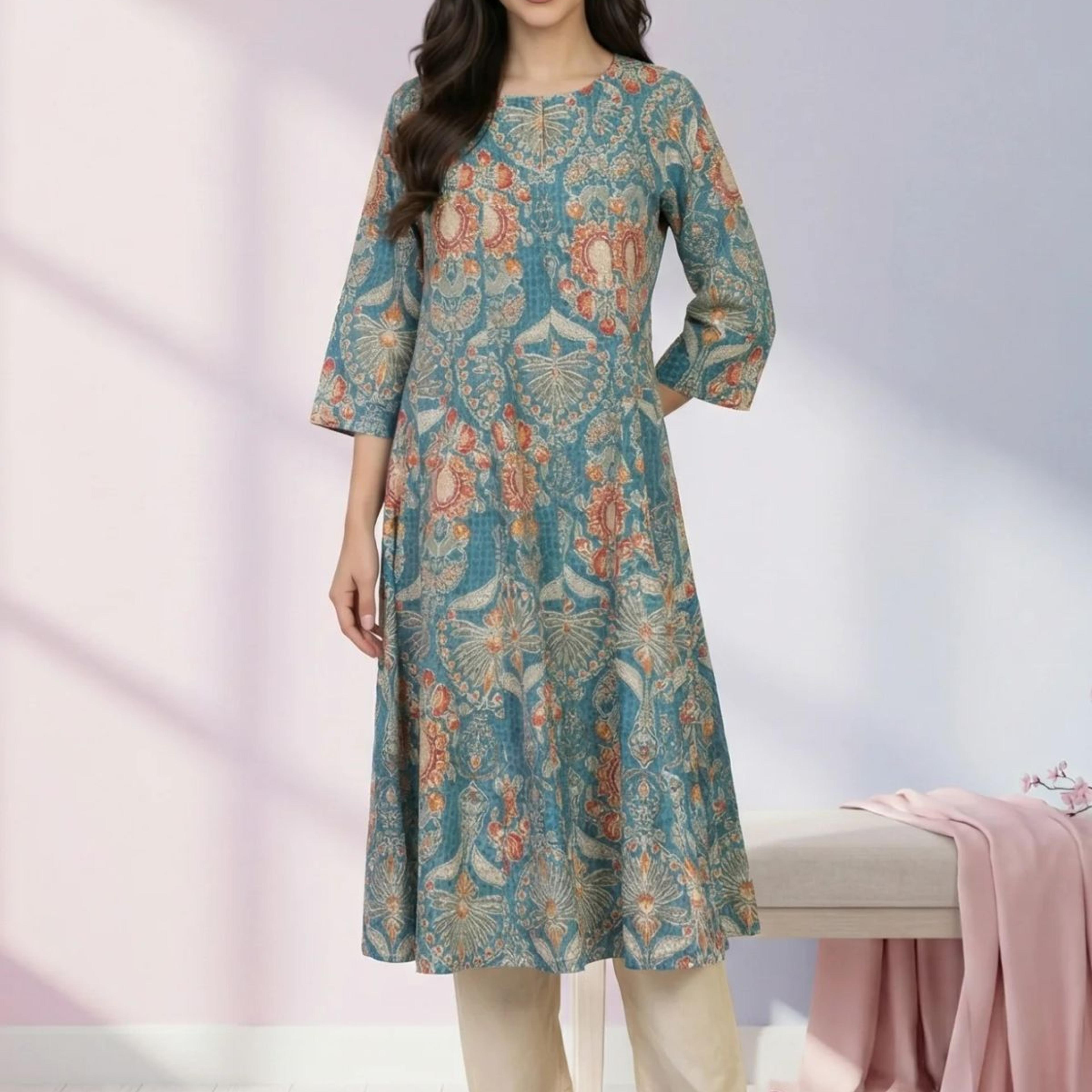 Teal Floral Printed Pure Cotton A-line Kurta