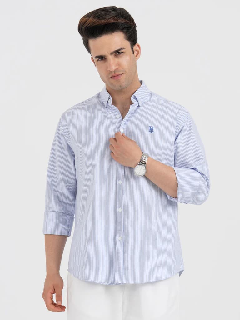 Shirts for Men in Blue | Striped Oxford Full Sleeve Casual Shirt — S / Blue