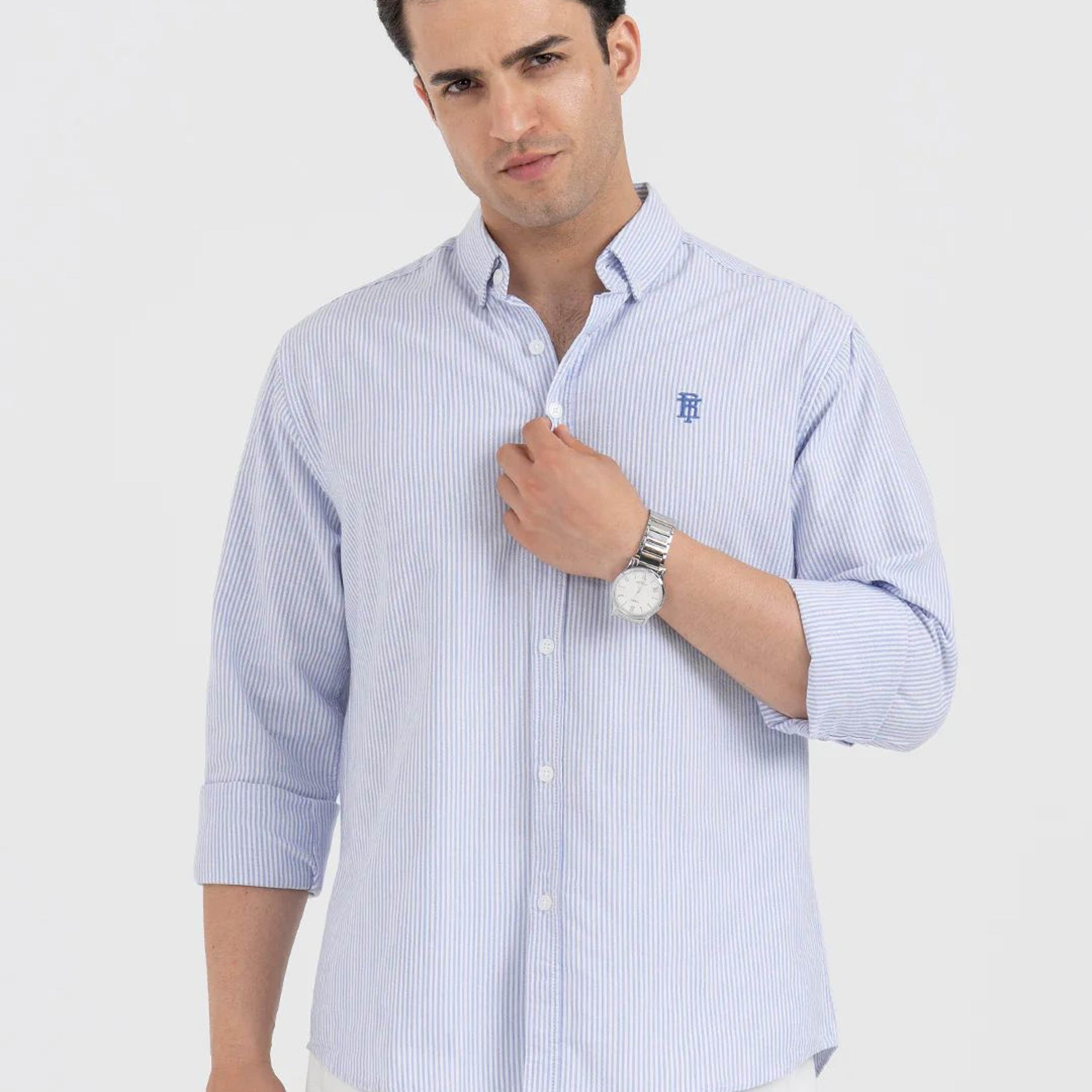 Shirts for Men in Blue | Striped Oxford Full Sleeve Casual Shirt