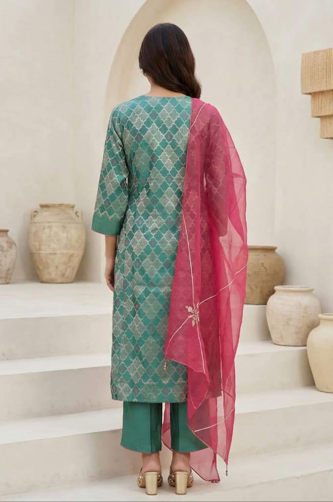Green Geometric Printed Zari Work Jacquard Straight Kurta with Pants and Dupatta Set — photo 4