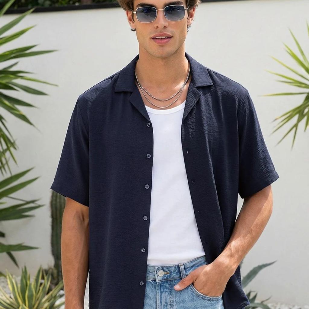 Men's Navy Cotton Half Sleeve Relaxed Fit Textured Shirt with Cuban Collar