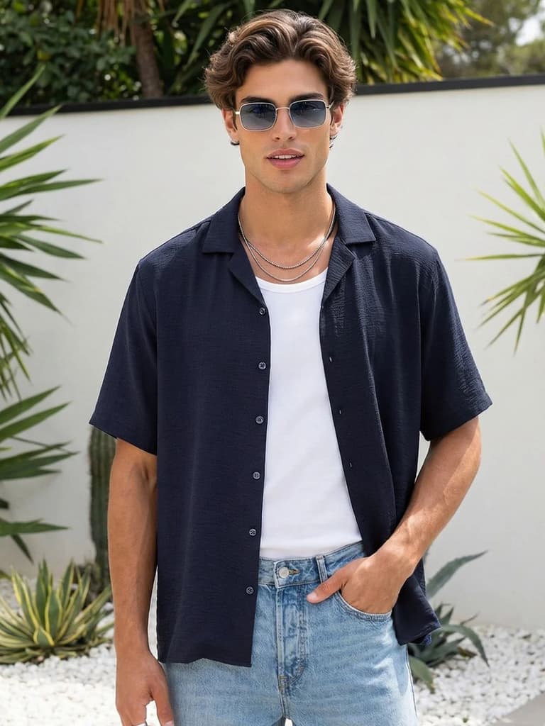 Men's Navy Cotton Half Sleeve Relaxed Fit Textured Shirt with Cuban Collar — S / Navy