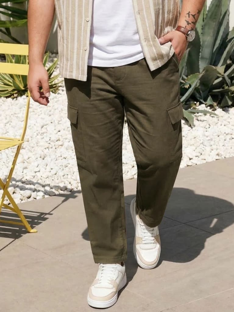 Plus Men's Olive Straight Fit Linen Cargo Pants with 6 Pockets — 36 / Olive
