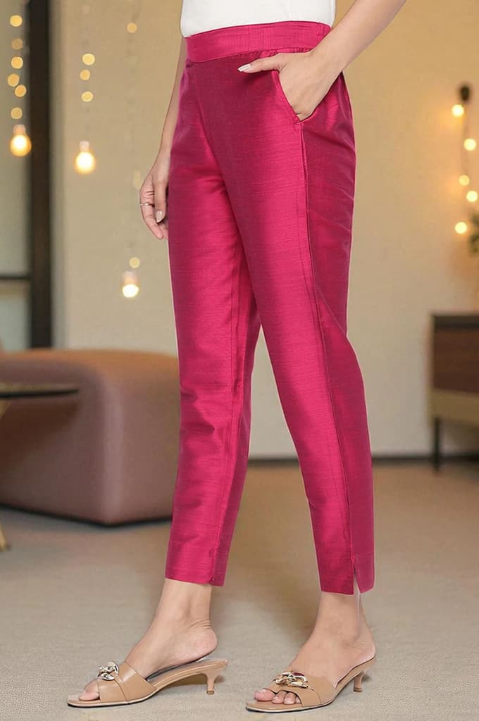 Pink Solid Mid Rise Slub Trousers in Ankle Length — photo 5
