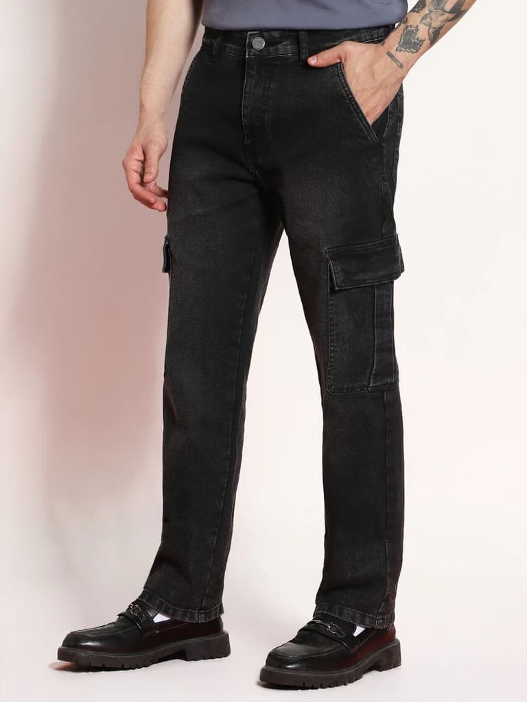 Men's Black Regular Fit Washed Cargo Jeans With 6 Pockets Stretchable — photo 3