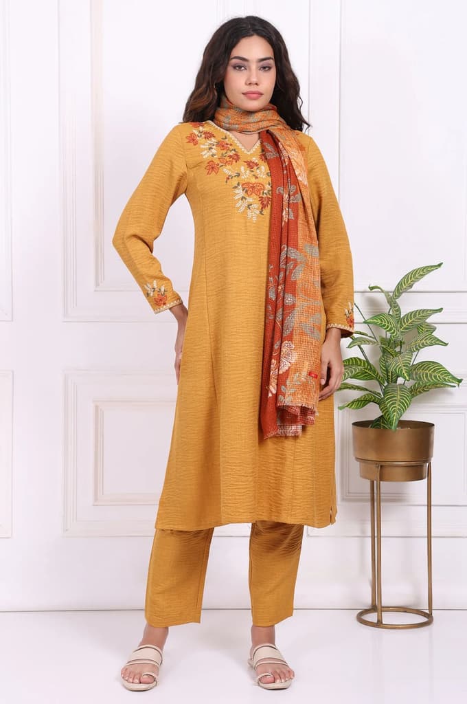 Mustard Floral Embroidered Straight Kurta with Straight Pant and Dupatta Set — photo 2