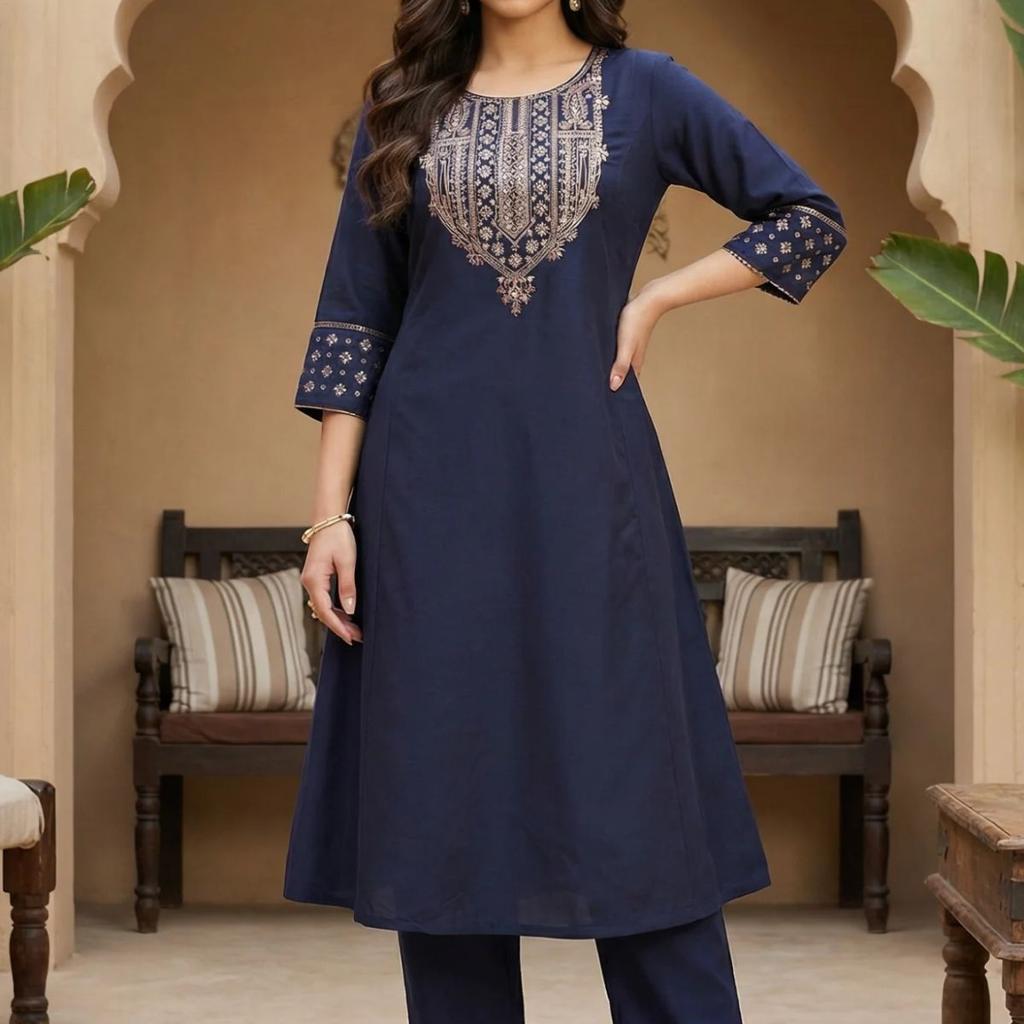 Navy Blue Embroidered Straight Kurta