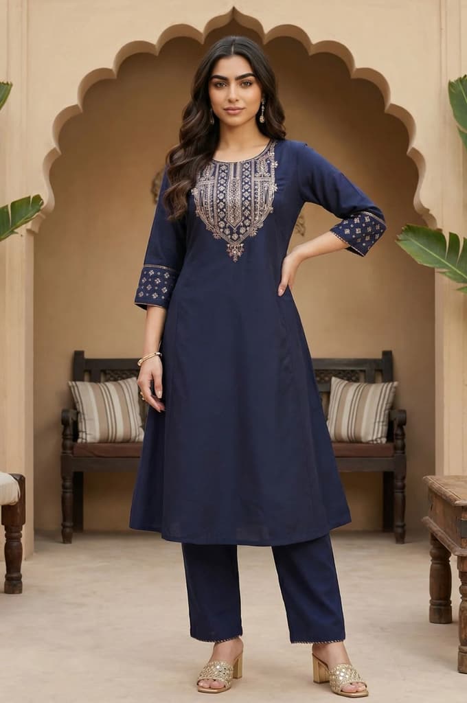 Navy Blue Embroidered Straight Kurta — XS