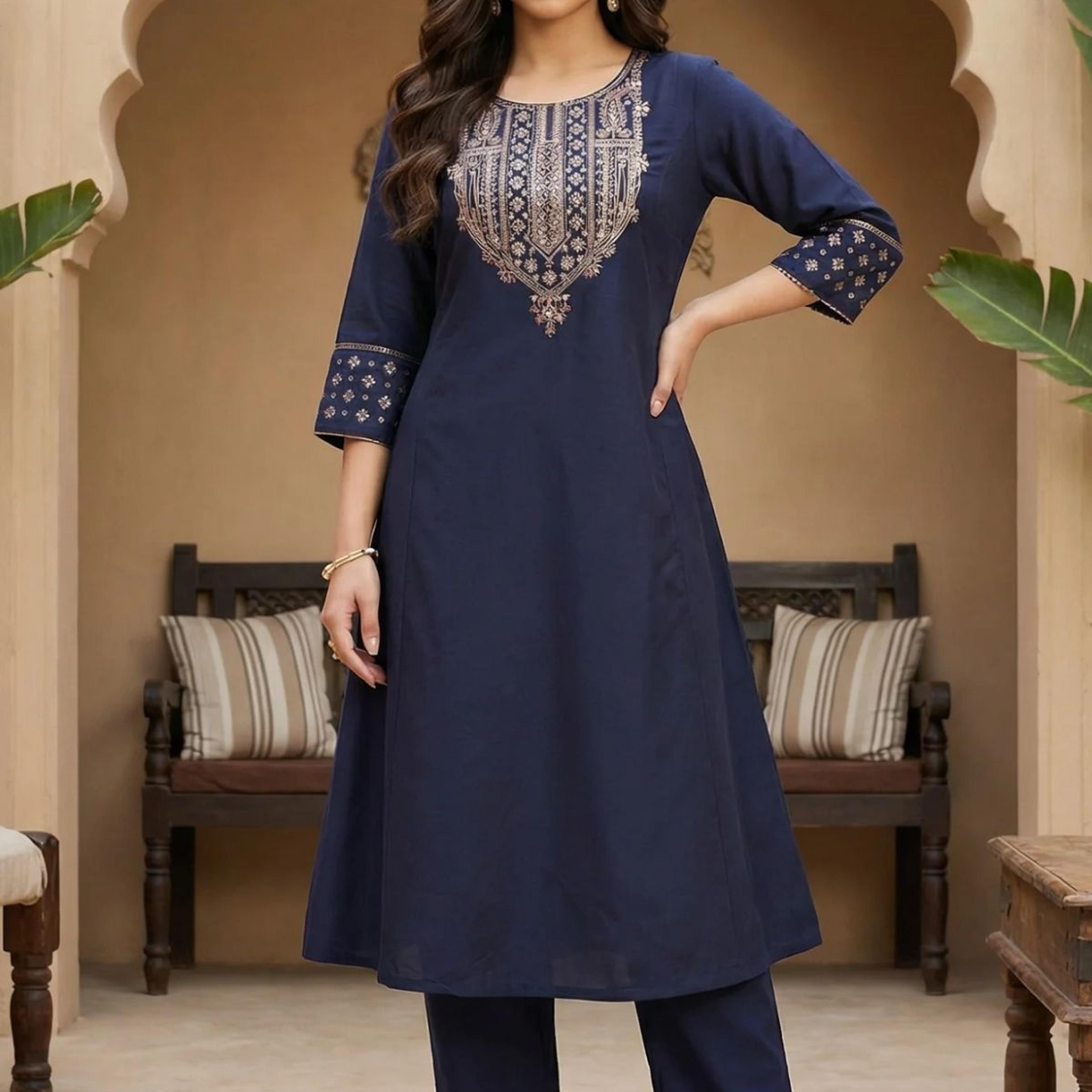 Navy Blue Embroidered Straight Kurta