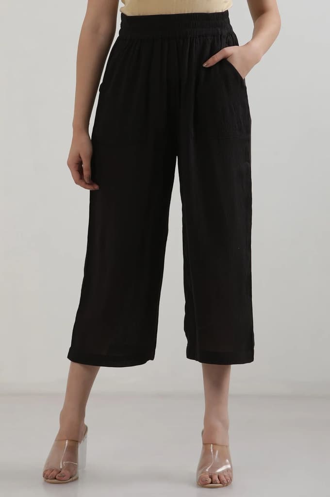 Black Solid Flared Rayon Culottes With Elasticated Waist — photo 2