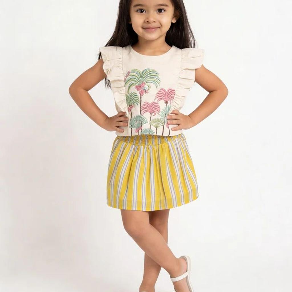 Utsa Kids Girls Yellow Striped Cotton Flared Skirt - (2-8 yrs)