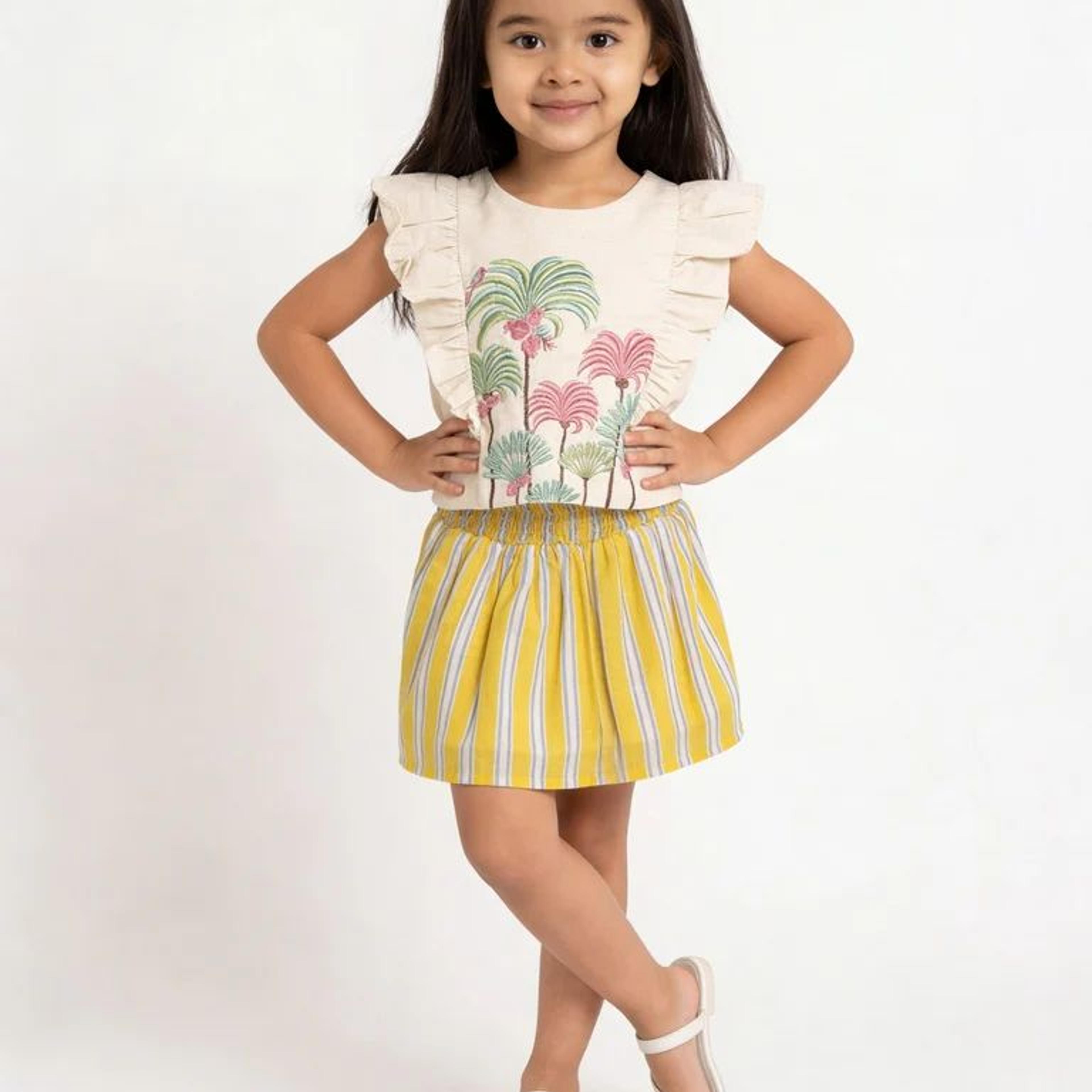Utsa Kids Girls Yellow Striped Cotton Flared Skirt - (2-8 yrs)