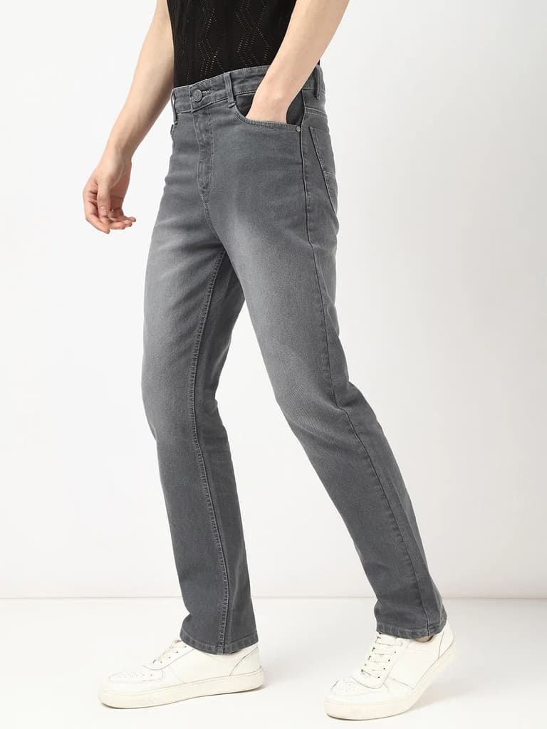 Men's Grey Straight Fit Washed Jeans Stretchable — photo 3