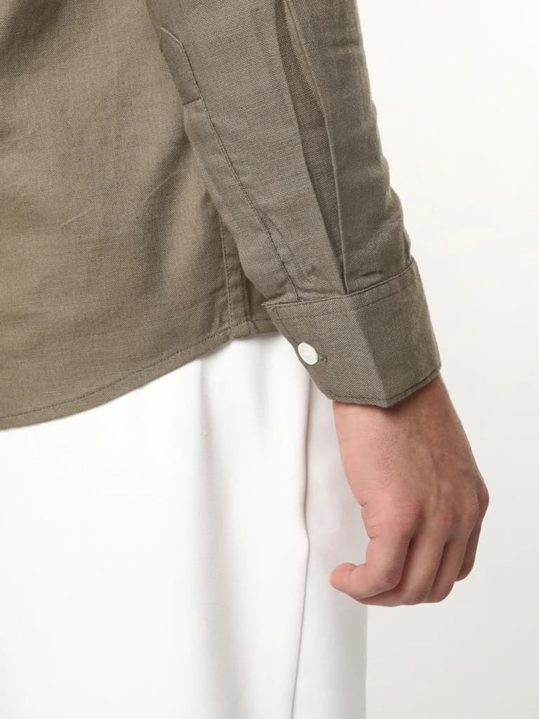 Men's Coffee Linen Blend Full Sleeve Relaxed Fit Casual Solid Shirt — photo 6