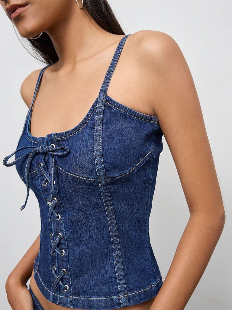 Nuon Dark Blue Corset-Style Denim Top — photo 3
