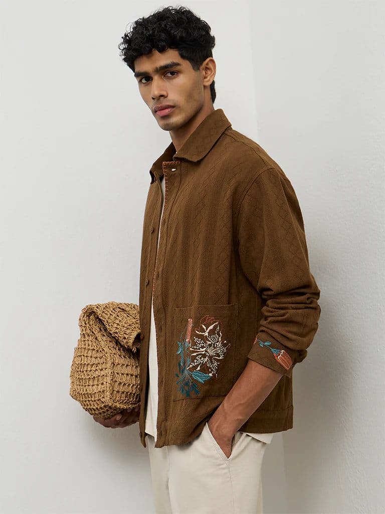 ETA Brown Floral-Embroidered Relaxed-Fit Cotton Shirt — photo 2