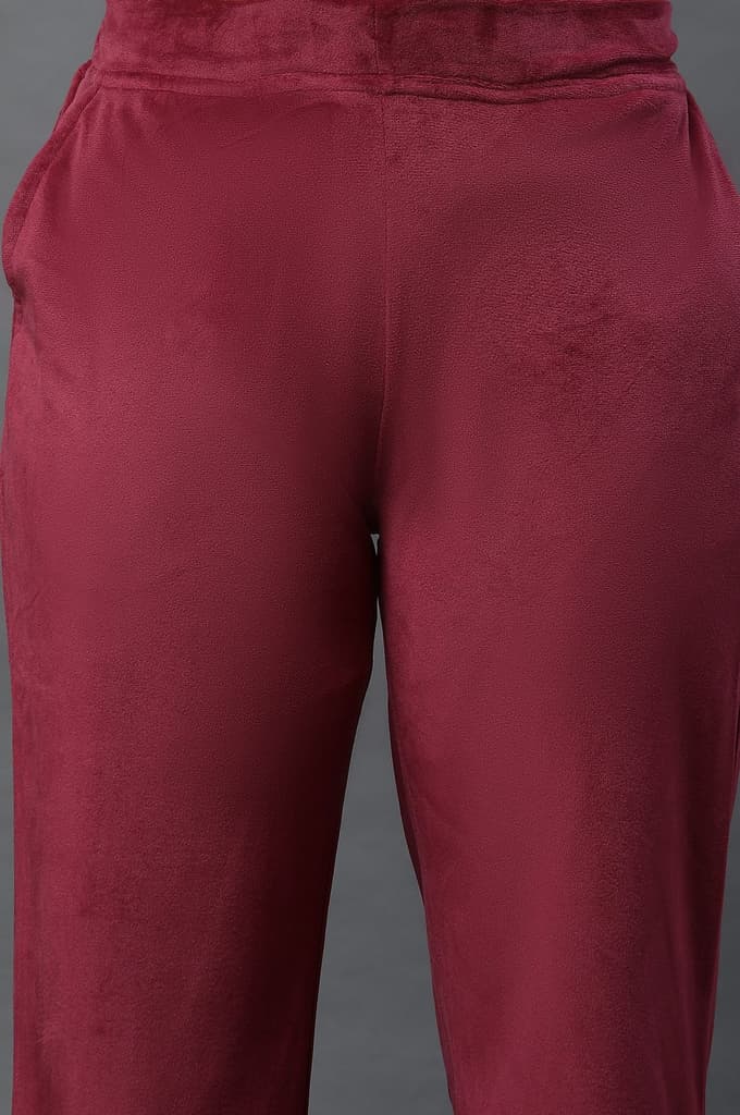 Maroon Solid Straight Fit Velvet Pants With Elasticated Waist — photo 6