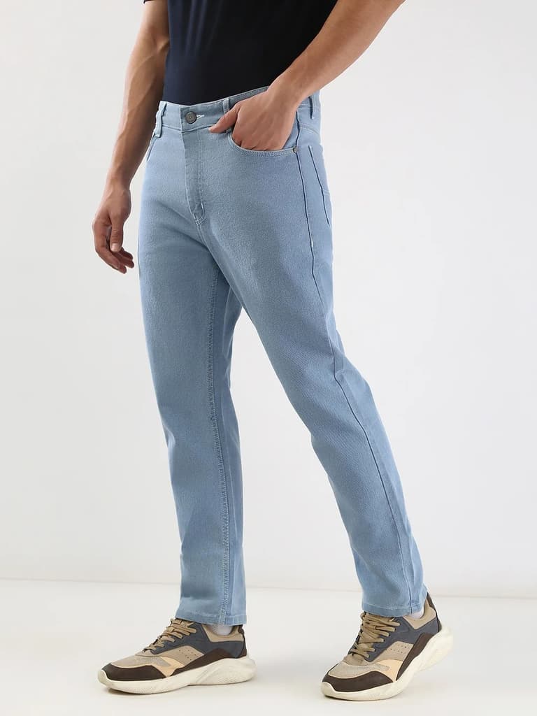 Men's Ice Blue Straight Fit Washed Jeans Stretchable — photo 2
