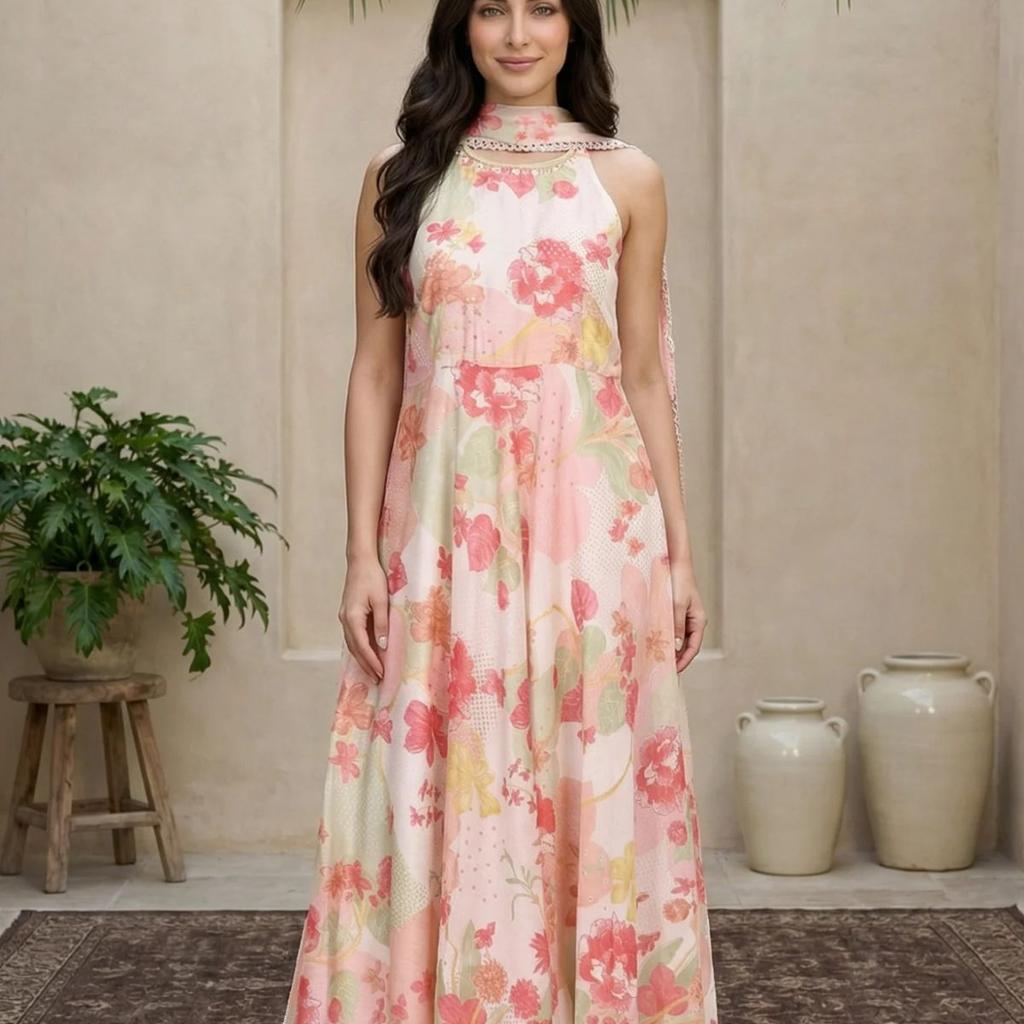 Pink Floral Printed Flared Dress with Dupatta Set