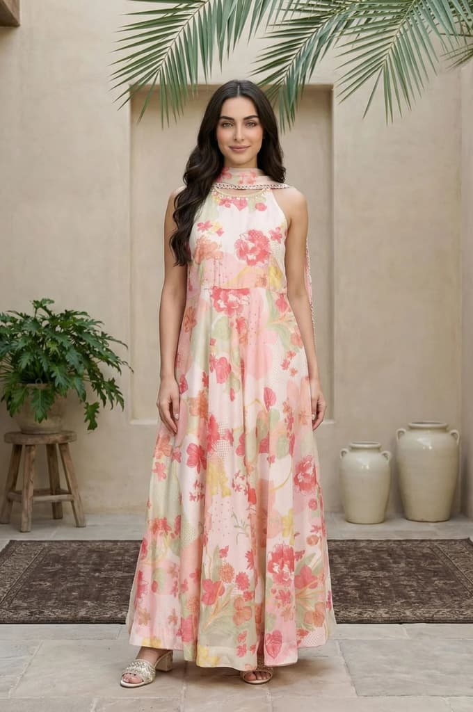 Pink Floral Printed Flared Dress with Dupatta Set — XS