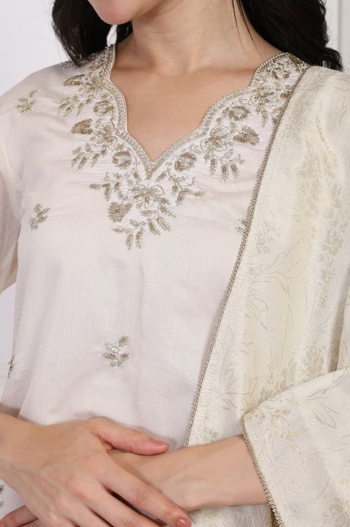 Off-White Embroidered A-Line Kurta with Straight Pant and Dupatta Set — photo 3