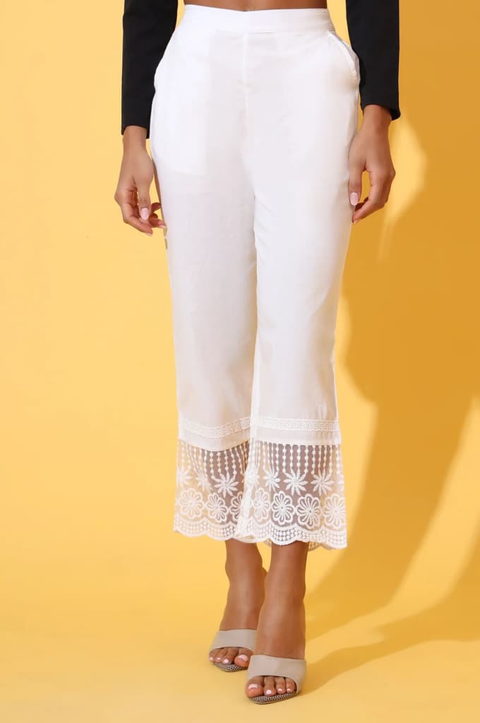 White Solid Pure Cotton Schiffli Embroidered Palazzo Pants — photo 2