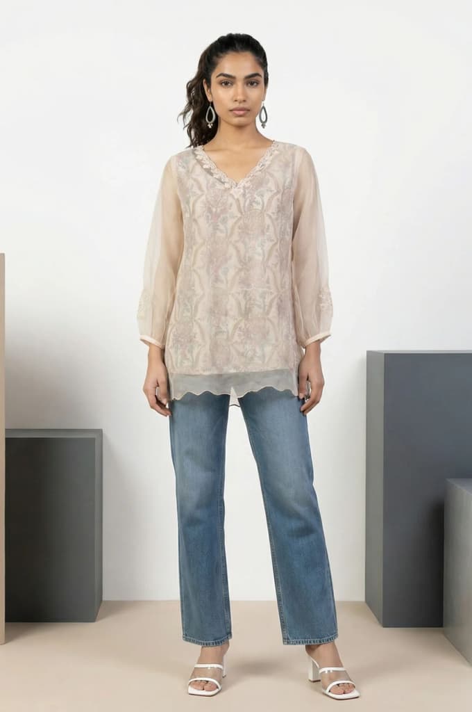 Cream Floral Printed Lace Organza Straight Top with Printed Slip — photo 3