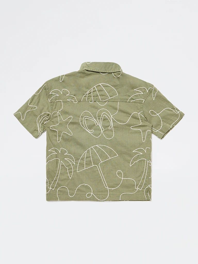 HOP Kids Boys Olive Embroidered Cotton Shirt — photo 4