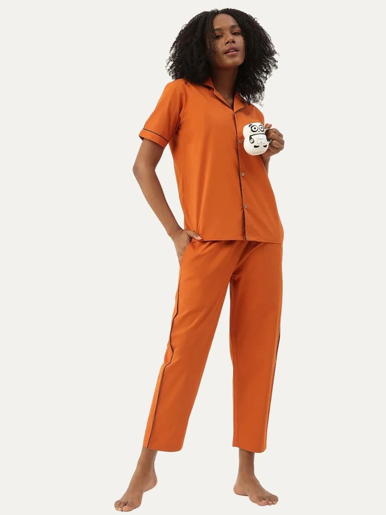 Women's Organic Cotton Solid Sleepsuit Set (Pack Of 1) — Orange / XS