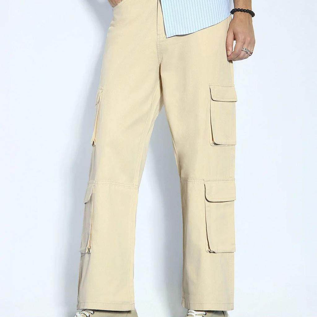 Men's Beige Loose Baggy Fit Cargo Chino Pant with 8 Pockets Stretchable