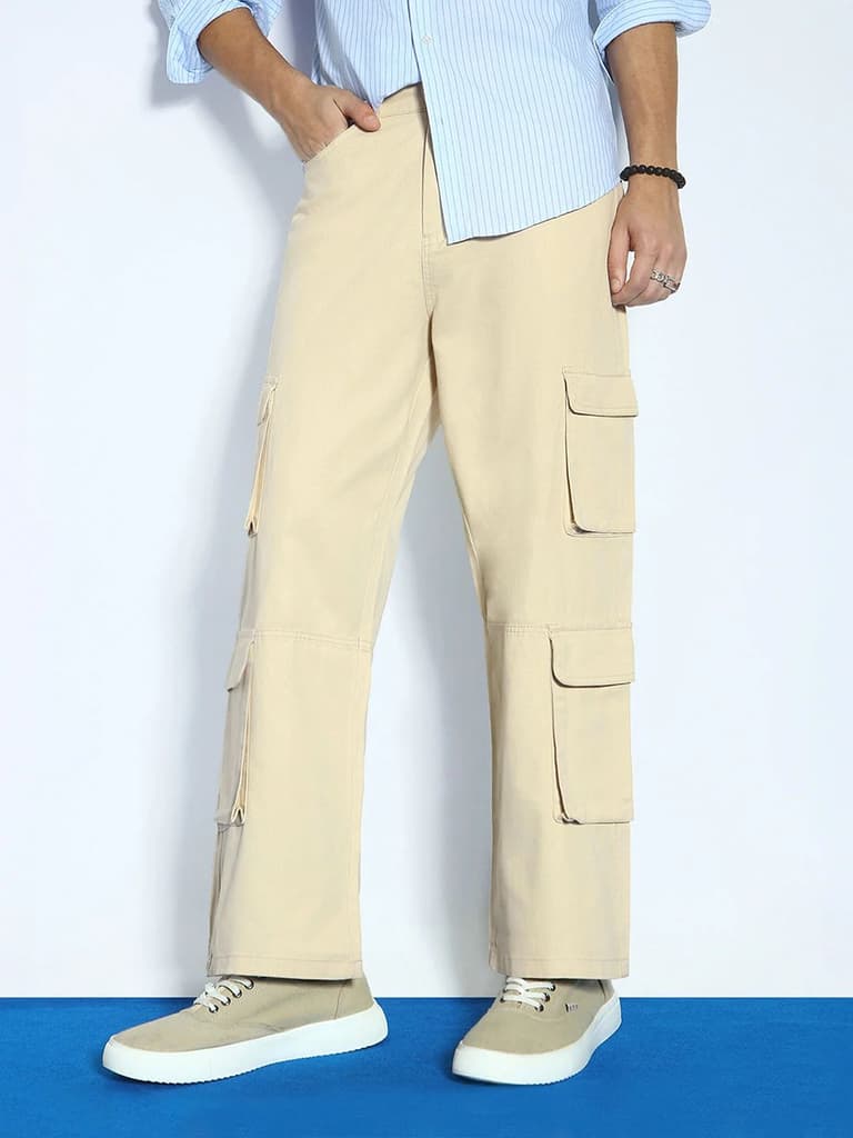 Men's Beige Loose Baggy Fit Cargo Chino Pant with 8 Pockets Stretchable — 28 / Beige