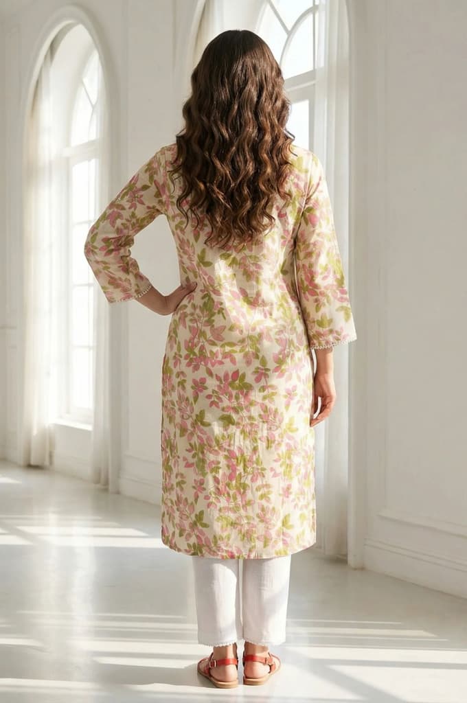 Off-White Floral Printed Pure Cotton Straight Kurta with Lace — photo 4