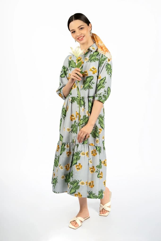 Grey & Green Floral Loose Midi Dress — photo 7
