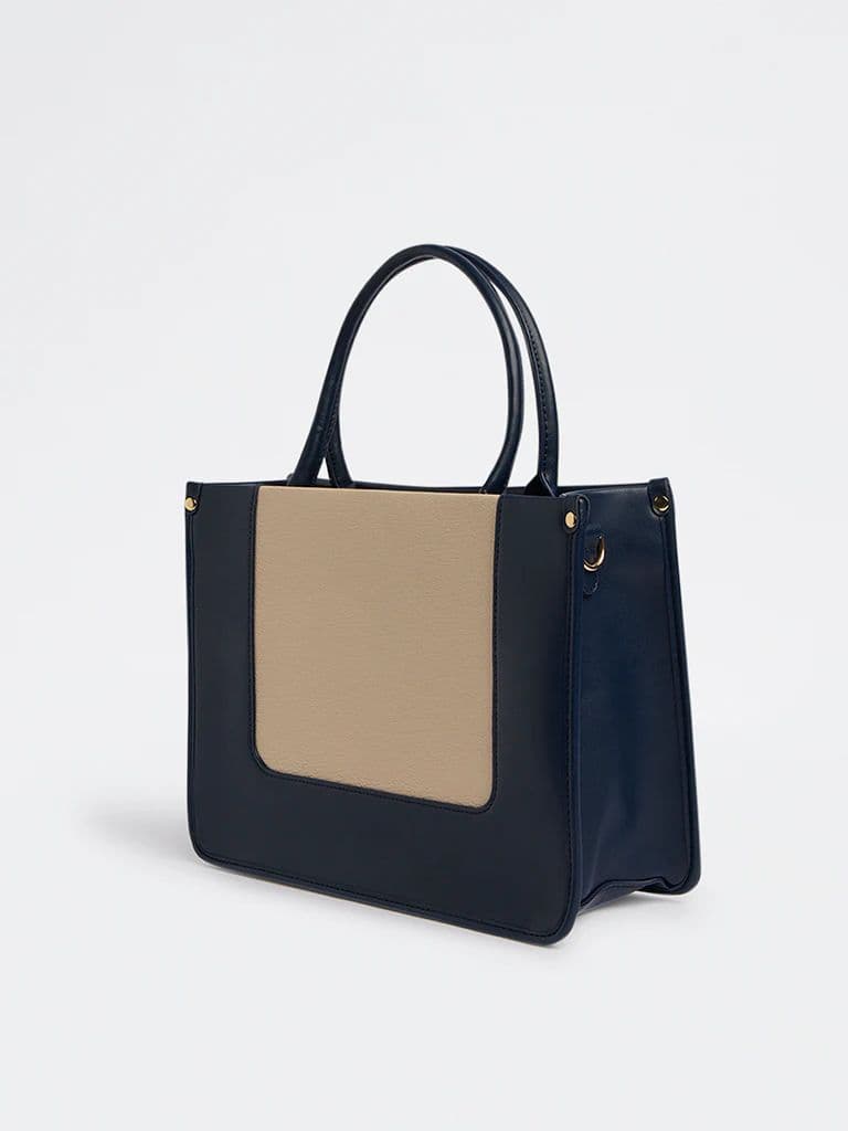Westside Navy Colour-Blocked Tote Bag with Sling — photo 2